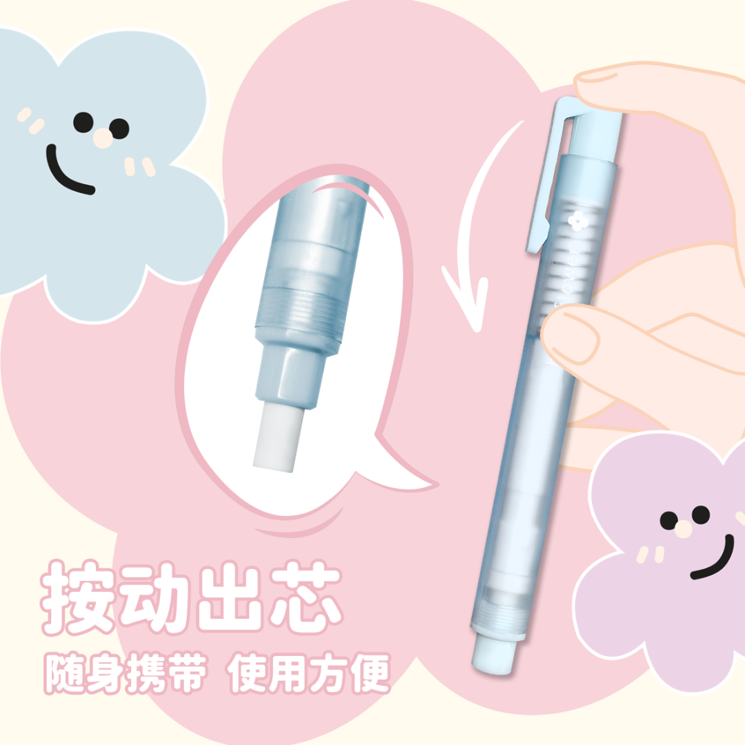 Click Retractable Pen Style Eraser with 2 Refills Cute Pastel Eraser Pen in Blister Card Pack Clean Erasing Stationery for Students 