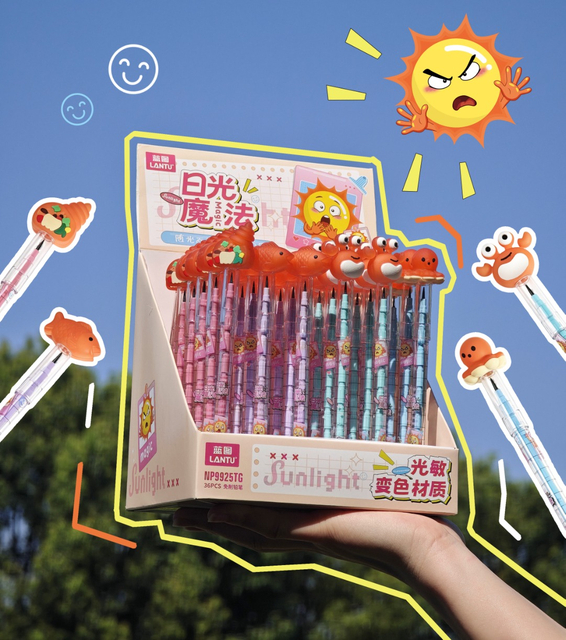 Magic Sunlight Color Changing Non-Sharpening Pencils with Cute Ocean Animals UV Reactive "Turns Cooked" Topper Pencils for Boys Girls